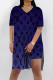 Blue Casual Street Letter Print Gradient Slit Contrast V Neck Short Sleeve Two Pieces