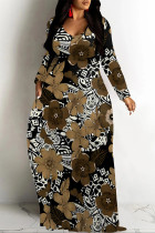 Deep Coffee Casual Street Floral Print Pocket Contrast V Neck Printed Dresses
