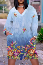 Baby Blue Casual Floral Print Pocket Contrast V Neck Printed Plus Size Dresses