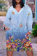 Baby Blue Casual Floral Print Pocket Contrast V Neck Printed Plus Size Dresses