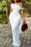 White Sexy Solid Color Ruched Oblique Collar Long Dresses