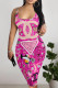Rose Red Sexy Lips Print Lips Contrast U Neck Printed Dresses