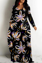 Black Casual Street Floral Print Pocket Contrast V Neck Printed Dresses