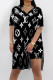Black Casual Street Letter Print Gradient Slit Contrast V Neck Short Sleeve Two Pieces