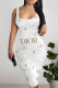 White Gold Sexy Letter Print Flowers Contrast U Neck Printed Dresses