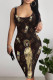Dark Brown Sexy Figure Print Letters Contrast U Neck Printed Dresses