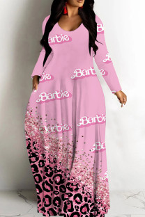 White Pink Casual Print Basic V Neck Long Dresses