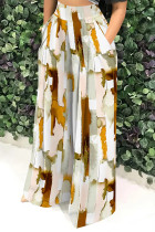 Orange Casual Street Geometric Print Pocket Contrast Loose High Waist Wide Leg Full Print Bottoms