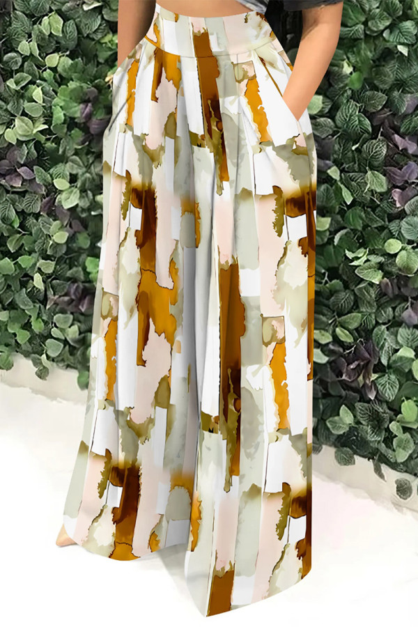 Orange Casual Street Geometric Print Pocket Contrast Loose High Waist Wide Leg Full Print Bottoms