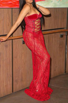 Red Elegant Solid Color Lace Patchwork Cross Straps Strapless Long Dresses