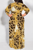 Leopard Print Casual Floral Print Lace Up Contrast O Neck Printed Plus Size Dresses