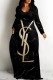 Black Casual Letter Print Flowers Pocket Contrast V Neck Printed Dresses
