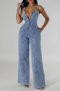Light Blue Casual Solid Color Pocket Buckle Patchwork Backless Spaghetti Strap Loose Denim Jumpsuits