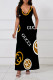 Black Sexy Letter Print Pocket Contrast V Neck Sling Dresses