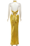 Yellow Sexy Solid Color Hollow Out Patchwork Slit Halter Two Pieces