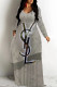 Dark Khaki Casual Letter Print Flowers Pocket Contrast V Neck Printed Dresses