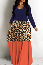 Leopard Print Casual Print Patchwork V Neck Long Dresses