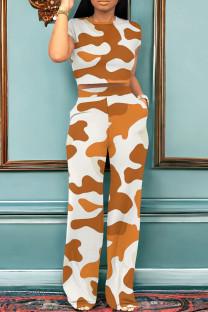 Orange Casual Camouflage Print Pocket Patchwork O Neck Short Sleeve Two Pieces