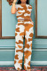 Orange Casual Camouflage Print Pocket Patchwork O Neck Short Sleeve Two Pieces