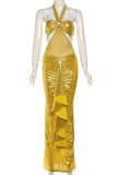 Yellow Sexy Solid Color Hollow Out Patchwork Slit Halter Two Pieces