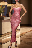 White Celebrities Backless Slit Hot Drill Patchwork Strapless Long Dresses