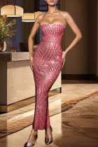 Pink Celebrities Backless Slit Hot Drill Patchwork Strapless Long Dresses
