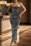 White Celebrities Backless Slit Hot Drill Patchwork Strapless Long Dresses