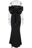 White Sexy Solid Color Patchwork Backless Bow Decor Off Shoulder Long Dresses