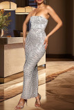 White Celebrities Backless Slit Hot Drill Patchwork Strapless Long Dresses