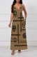 Khaki Sexy Letter Print Pocket Contrast V Neck Sling Dresses