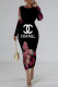Black Casual Street Letter Print Flowers Contrast O Neck Printed Dresses
