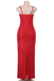 Red Sexy Solid Color Lace Patchwork Spaghetti Strap Sling Dresses