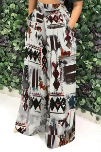 Multicolor Casual Street Geometric Print Pocket Contrast Loose High Waist Wide Leg Full Print Bottoms