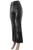 Black Casual Solid Color Patchwork Zipper Boot Cut Mid Waist Speaker Patchwork Bottoms