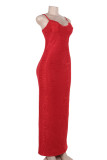 Red Sexy Solid Color Lace Patchwork Spaghetti Strap Sling Dresses