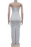 White Celebrities Backless Slit Hot Drill Patchwork Strapless Long Dresses