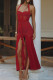 Red Sexy Solid Color Patchwork High Slit Ruched Halter Dresses