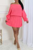 Rose Red Casual Solid Color Patchwork Backless Off Shoulder Long Sleeve Two Pieces