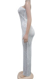 White Celebrities Backless Slit Hot Drill Patchwork Strapless Long Dresses