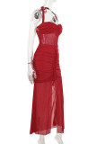 Red Sexy Solid Color Patchwork High Slit Ruched Halter Dresses