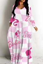 Powder White Casual Print Basic V Neck Long Dresses