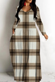 Brown Casual Print Patchwork V Neck Long Dresses