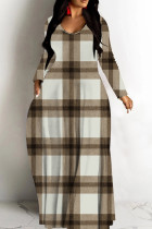 Brown Casual Print Patchwork V Neck Long Dresses