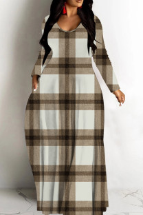 Brown Casual Print Patchwork V Neck Long Dresses