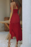 Red Sexy Solid Color Patchwork High Slit Ruched Halter Dresses