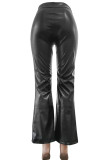 Black Casual Solid Color Patchwork Zipper Boot Cut Mid Waist Speaker Patchwork Bottoms