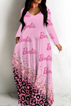 Pink Casual Print Basic V Neck Long Dresses