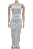 White Celebrities Backless Slit Hot Drill Patchwork Strapless Long Dresses