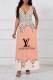 Pink Sexy Letter Print Pocket Contrast V Neck Sling Dresses