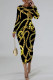 Golden Yellow Casual Street Figure Print Chain print Contrast O Neck Printed Dresses